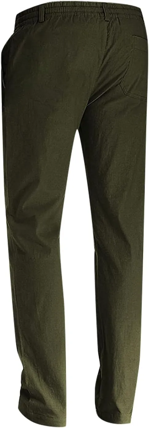 Mens Work Pants Drawstring Elastic Waist Business Casual Trousers Loose Straight Leg Summer Pull On Pants with Pocket