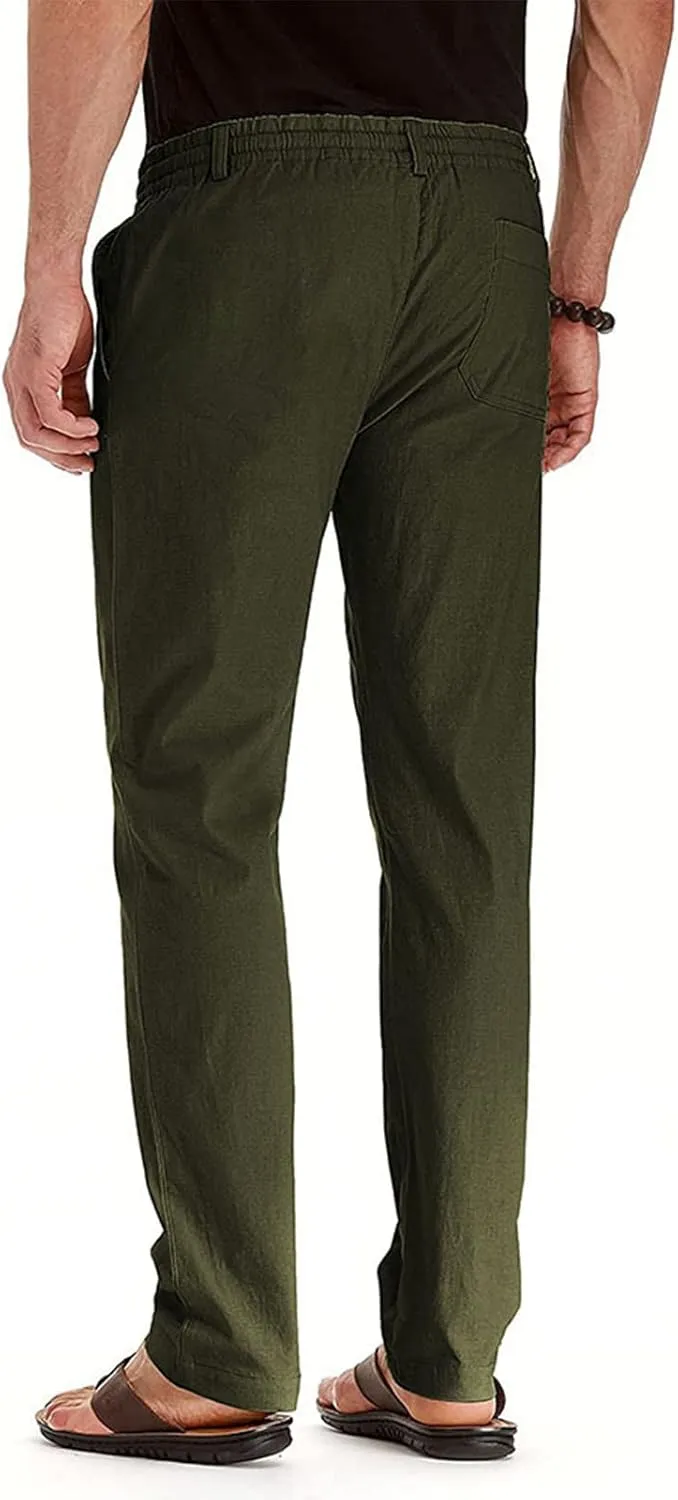 Mens Work Pants Drawstring Elastic Waist Business Casual Trousers Loose Straight Leg Summer Pull On Pants with Pocket