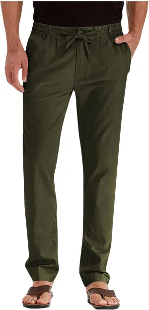Mens Work Pants Drawstring Elastic Waist Business Casual Trousers Loose Straight Leg Summer Pull On Pants with Pocket