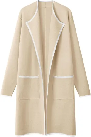 MEROKEETY Women's Open Front Coatigan Sweater Long Sleeve Casual Knit Lapel Cardigan Coat with Pockets