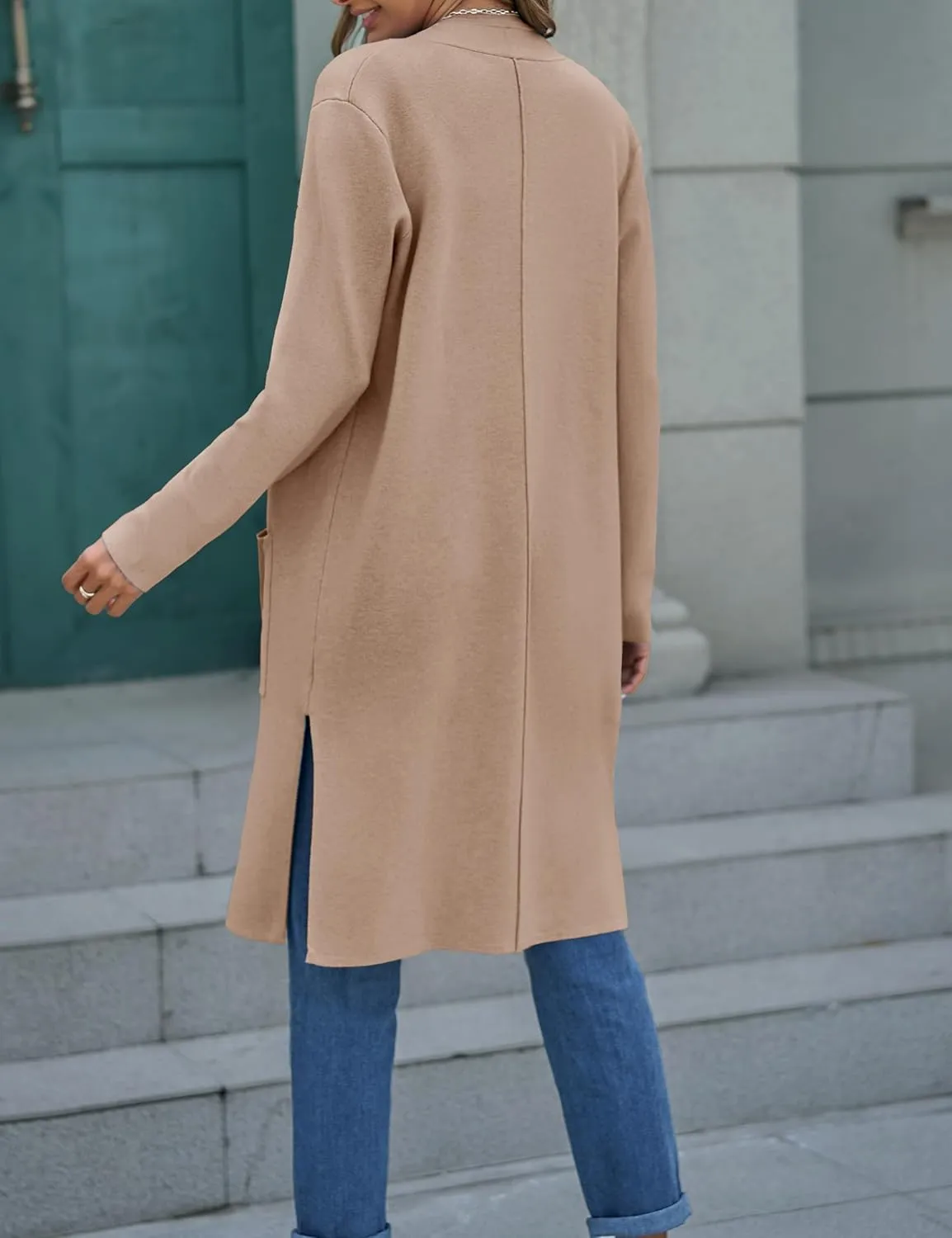 MEROKEETY Women's Open Front Coatigan Sweater Long Sleeve Casual Knit Lapel Cardigan Coat with Pockets