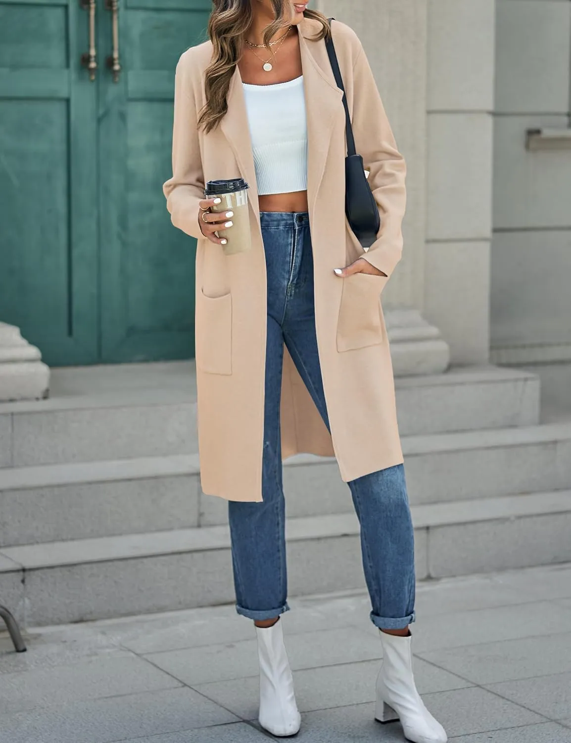 MEROKEETY Women's Open Front Coatigan Sweater Long Sleeve Casual Knit Lapel Cardigan Coat with Pockets