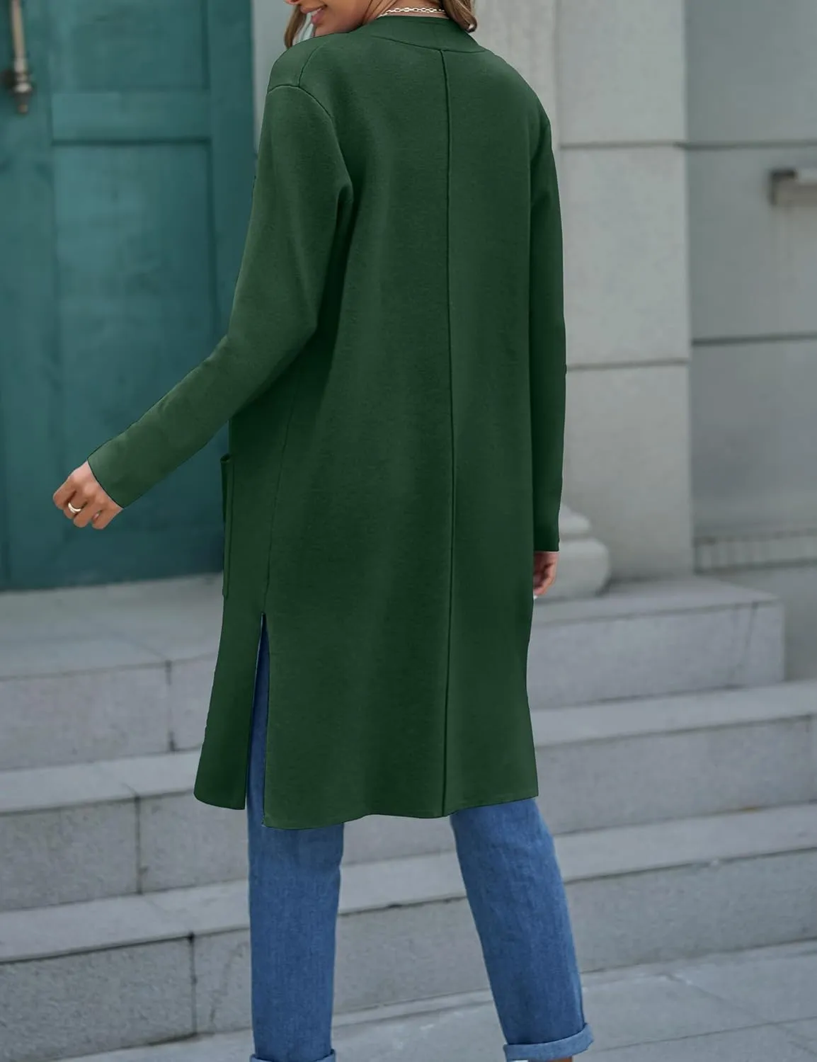 MEROKEETY Women's Open Front Coatigan Sweater Long Sleeve Casual Knit Lapel Cardigan Coat with Pockets