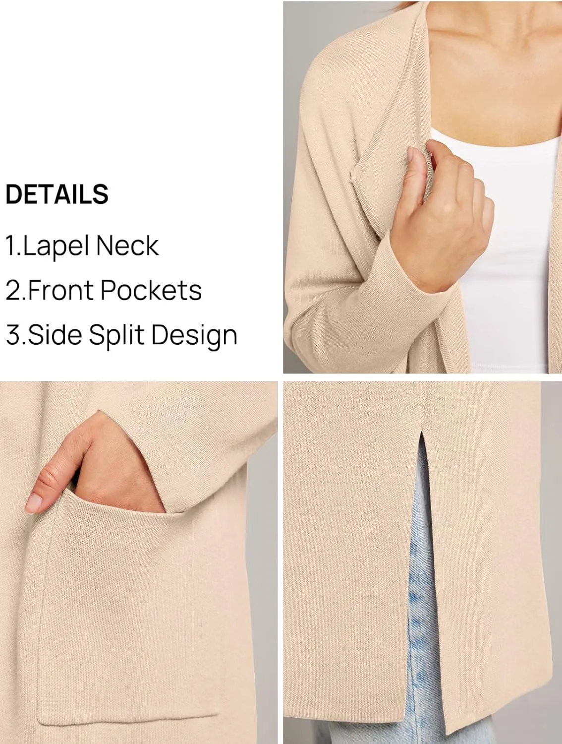 MEROKEETY Women's Open Front Coatigan Sweater Long Sleeve Casual Knit Lapel Cardigan Coat with Pockets