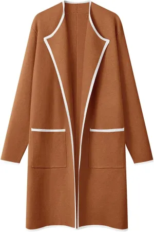 MEROKEETY Women's Open Front Coatigan Sweater Long Sleeve Casual Knit Lapel Cardigan Coat with Pockets