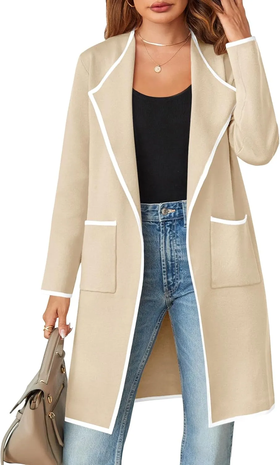 MEROKEETY Women's Open Front Coatigan Sweater Long Sleeve Casual Knit Lapel Cardigan Coat with Pockets