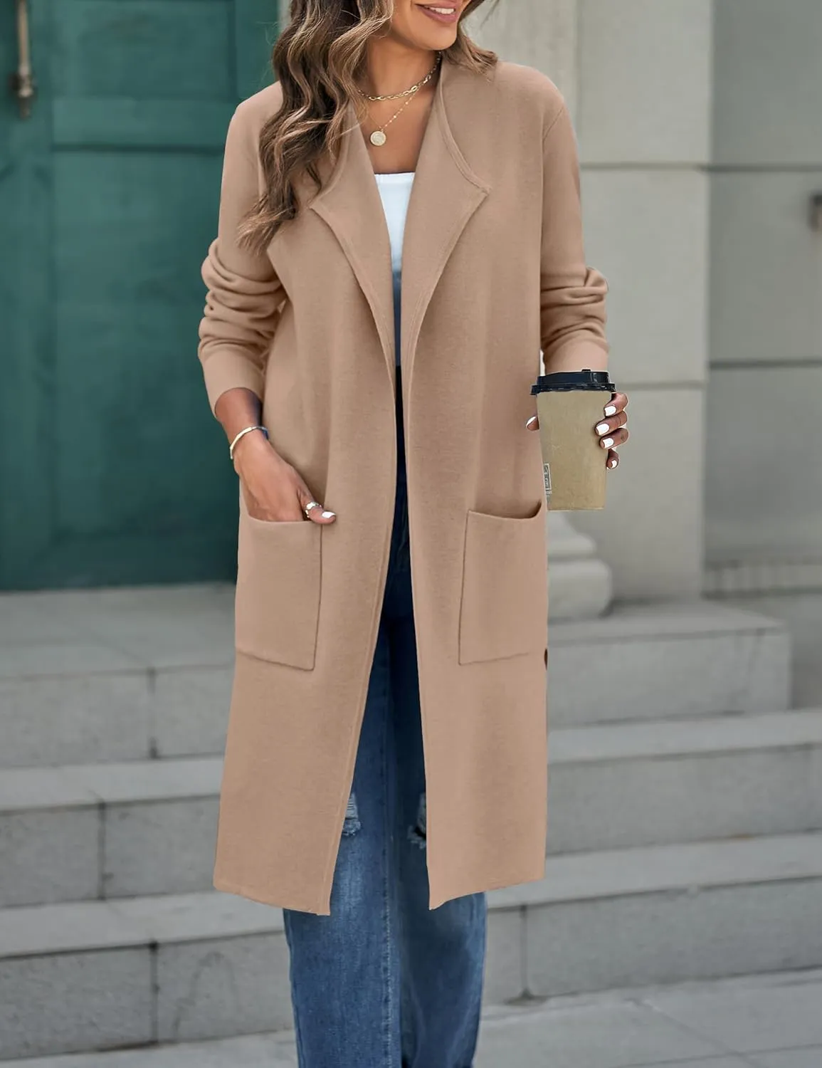 MEROKEETY Women's Open Front Coatigan Sweater Long Sleeve Casual Knit Lapel Cardigan Coat with Pockets