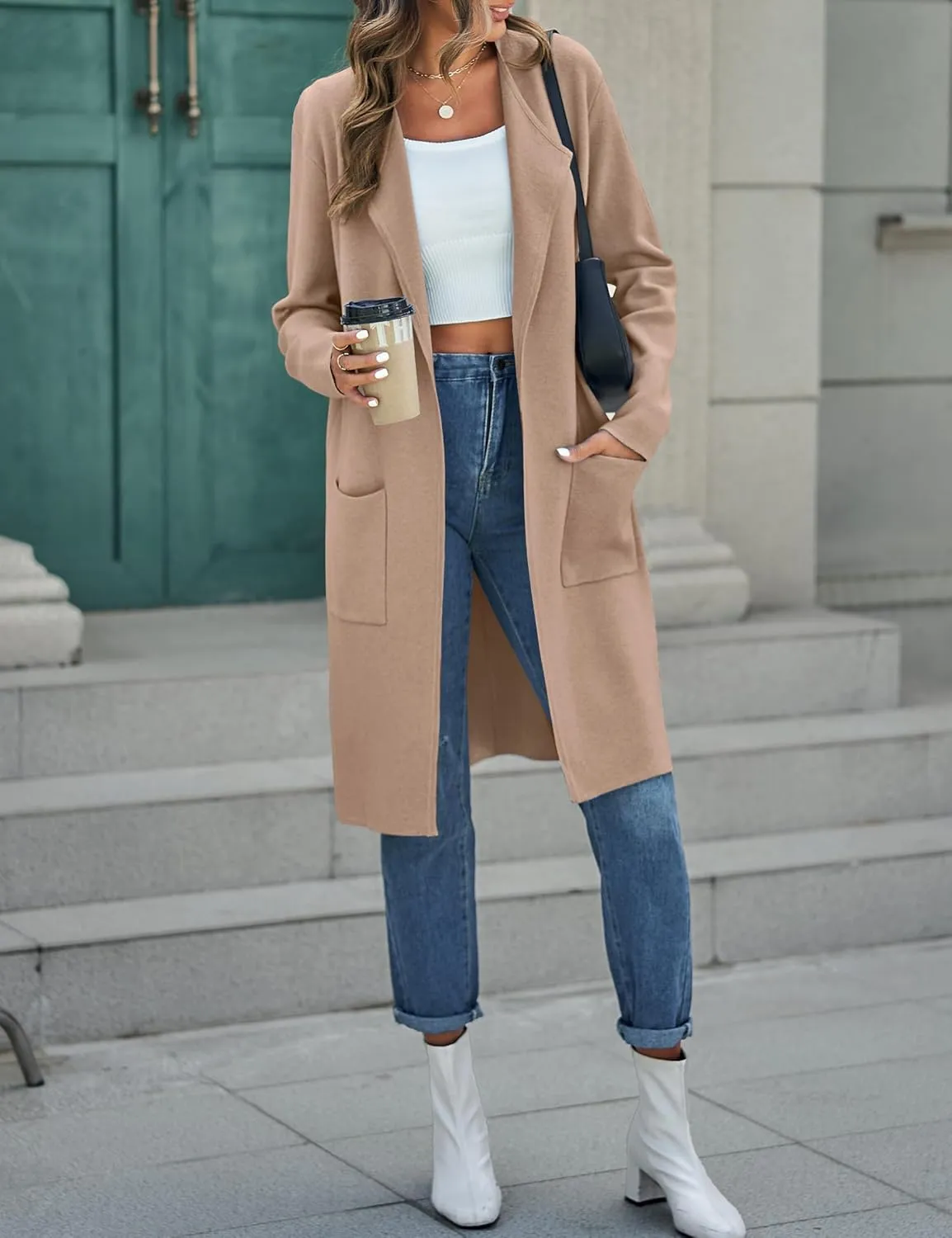 MEROKEETY Women's Open Front Coatigan Sweater Long Sleeve Casual Knit Lapel Cardigan Coat with Pockets