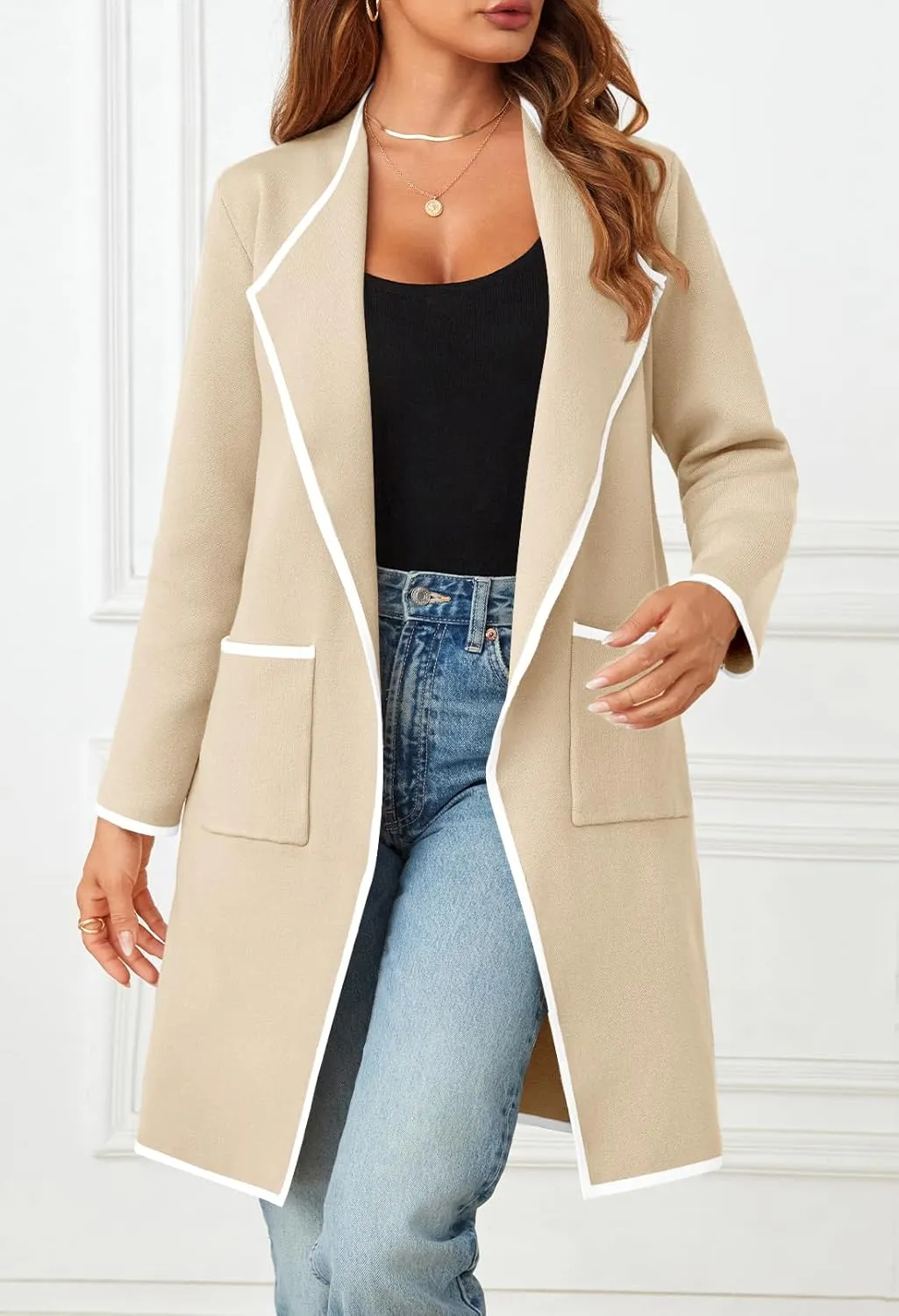 MEROKEETY Women's Open Front Coatigan Sweater Long Sleeve Casual Knit Lapel Cardigan Coat with Pockets
