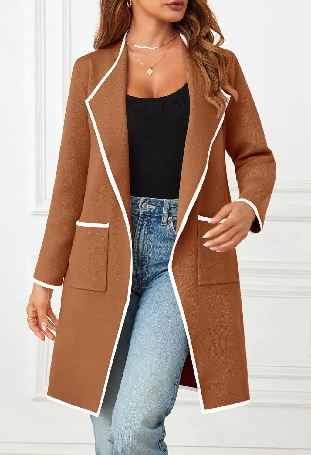 MEROKEETY Women's Open Front Coatigan Sweater Long Sleeve Casual Knit Lapel Cardigan Coat with Pockets