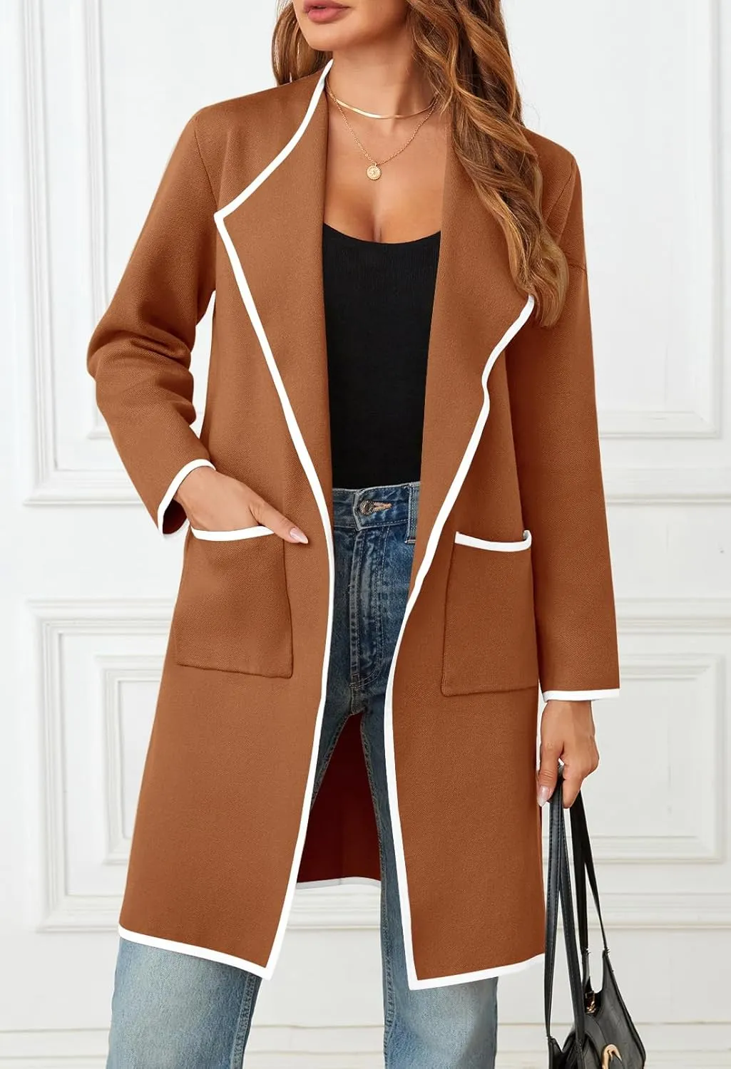 MEROKEETY Women's Open Front Coatigan Sweater Long Sleeve Casual Knit Lapel Cardigan Coat with Pockets