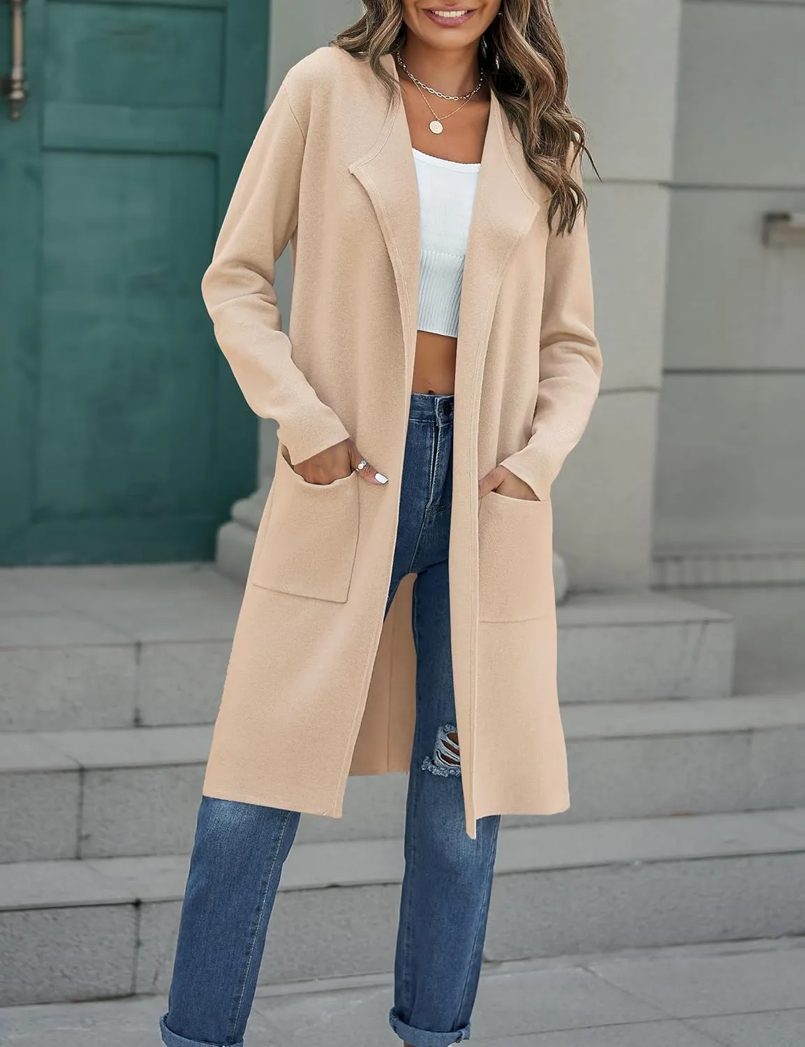 MEROKEETY Women's Open Front Coatigan Sweater Long Sleeve Casual Knit Lapel Cardigan Coat with Pockets