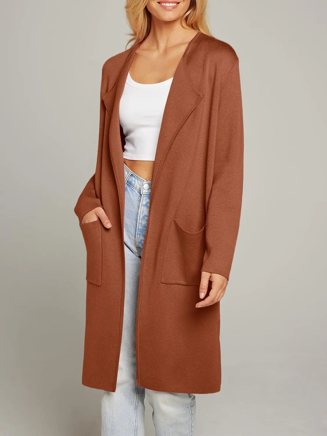 MEROKEETY Women's Open Front Coatigan Sweater Long Sleeve Casual Knit Lapel Cardigan Coat with Pockets