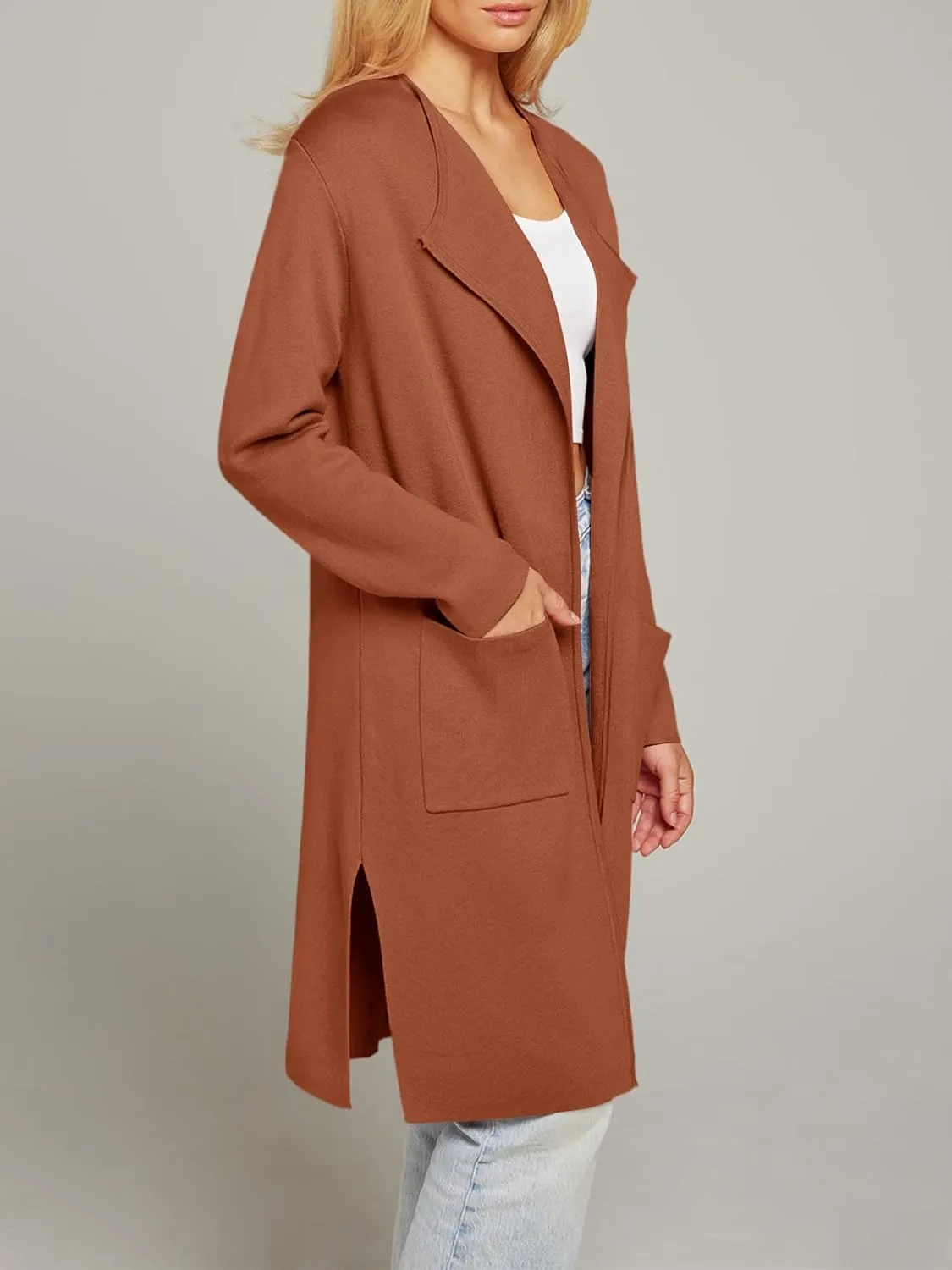 MEROKEETY Women's Open Front Coatigan Sweater Long Sleeve Casual Knit Lapel Cardigan Coat with Pockets