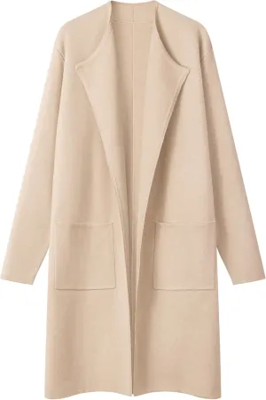MEROKEETY Women's Open Front Coatigan Sweater Long Sleeve Casual Knit Lapel Cardigan Coat with Pockets