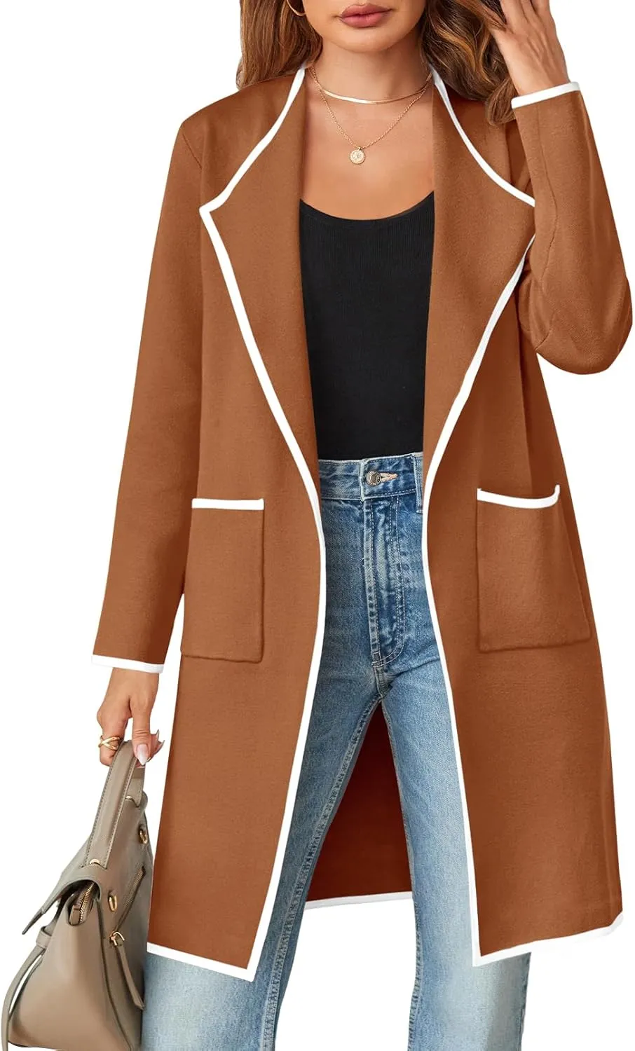 MEROKEETY Women's Open Front Coatigan Sweater Long Sleeve Casual Knit Lapel Cardigan Coat with Pockets