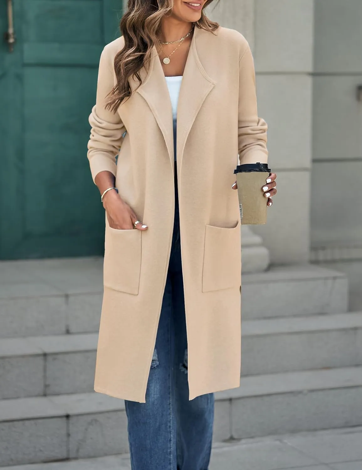 MEROKEETY Women's Open Front Coatigan Sweater Long Sleeve Casual Knit Lapel Cardigan Coat with Pockets