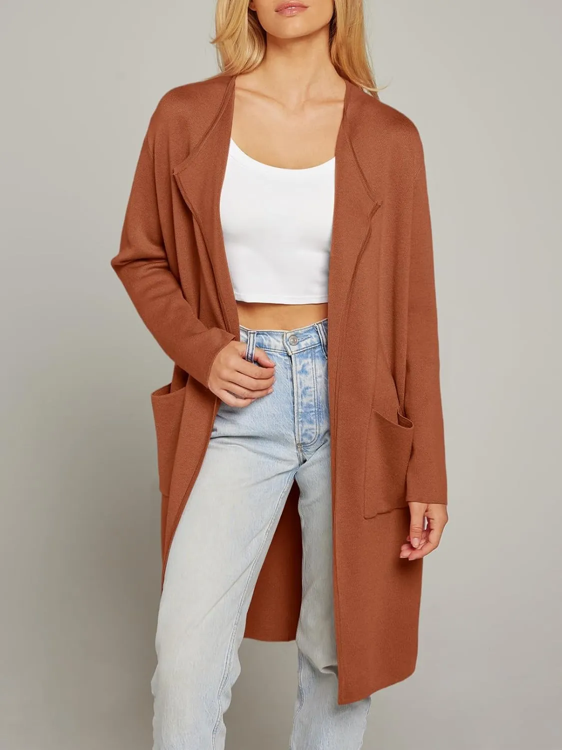 MEROKEETY Women's Open Front Coatigan Sweater Long Sleeve Casual Knit Lapel Cardigan Coat with Pockets