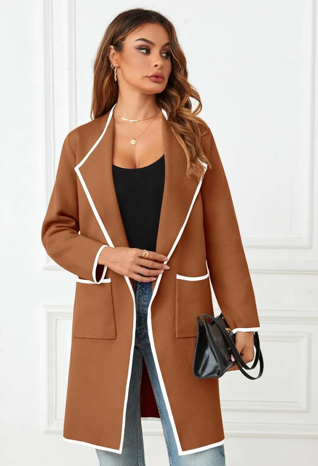MEROKEETY Women's Open Front Coatigan Sweater Long Sleeve Casual Knit Lapel Cardigan Coat with Pockets