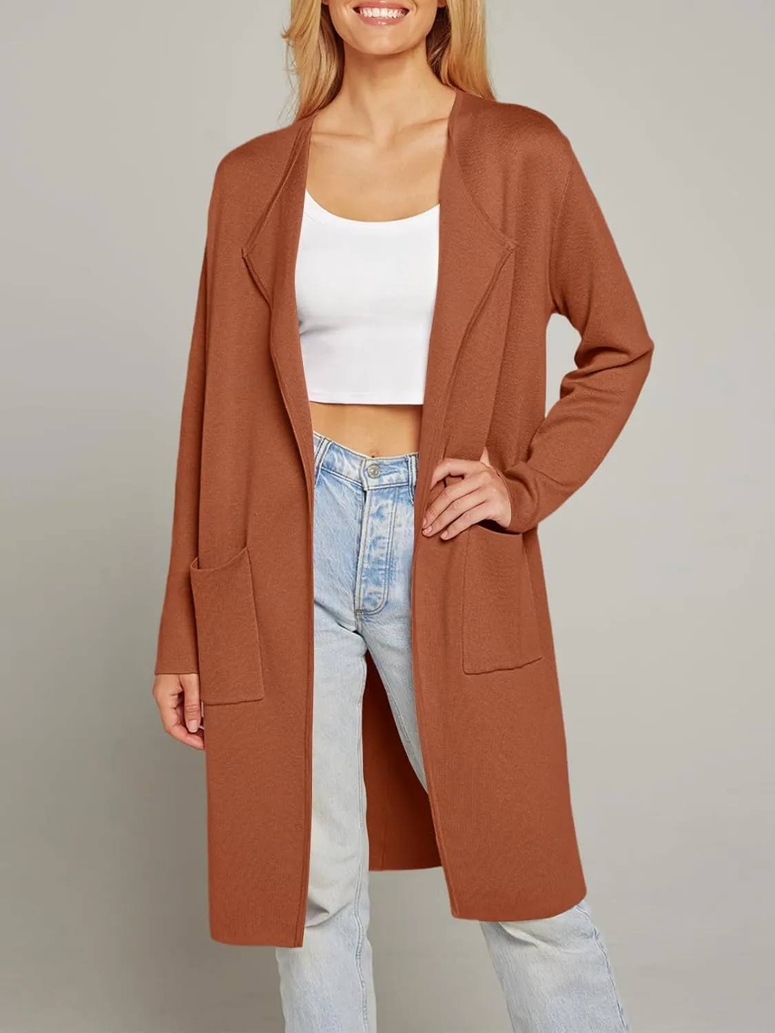 MEROKEETY Women's Open Front Coatigan Sweater Long Sleeve Casual Knit Lapel Cardigan Coat with Pockets