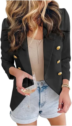 Meufam Womens Casual Pocketed Blazer Jacket Gold Button Long Sleeve Work Office Blazer Lapel Open Front Jacket Suit