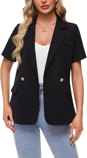 MINTLIMIT Blazers for Women Button Pockets Notch Lapel Blazer Jacket Lightweight Short Sleeve Suit Jacket for Daily/Work,Black,S