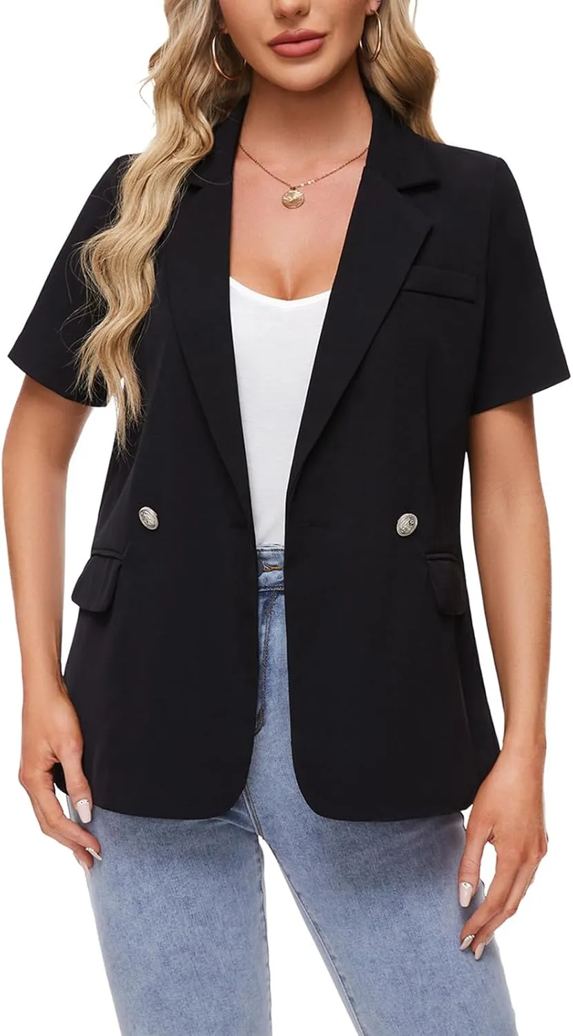 MINTLIMIT Blazers for Women Button Pockets Notch Lapel Blazer Jacket Lightweight Short Sleeve Suit Jacket for Daily/Work,Black,S