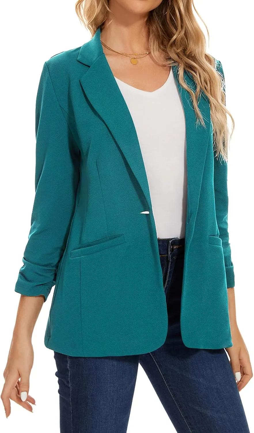MINTLIMIT Women's Casual Blazer 3/4 Ruched Sleeve Open Front Button Work Office Blazer Jackets with Pockets