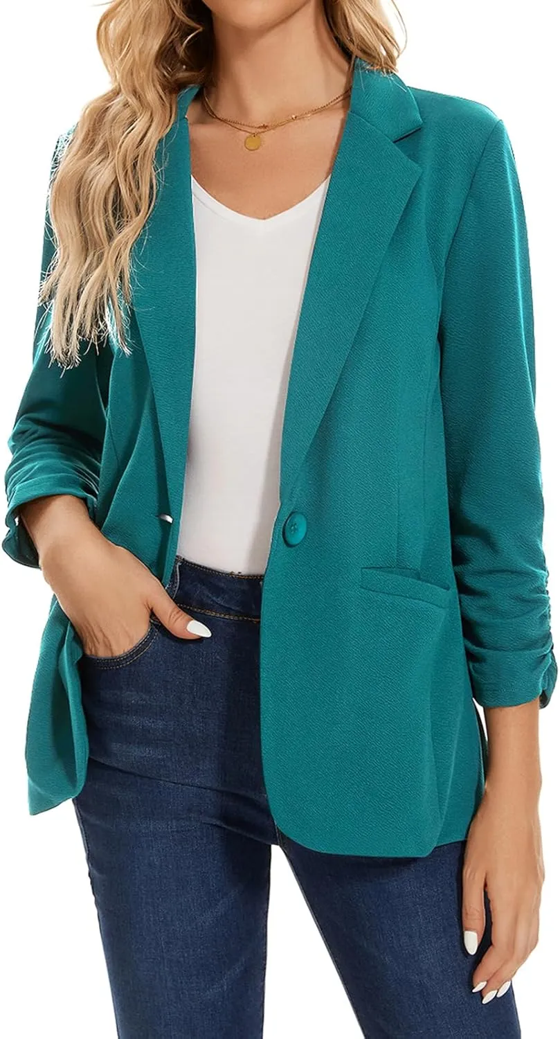 MINTLIMIT Women's Casual Blazer 3/4 Ruched Sleeve Open Front Button Work Office Blazer Jackets with Pockets