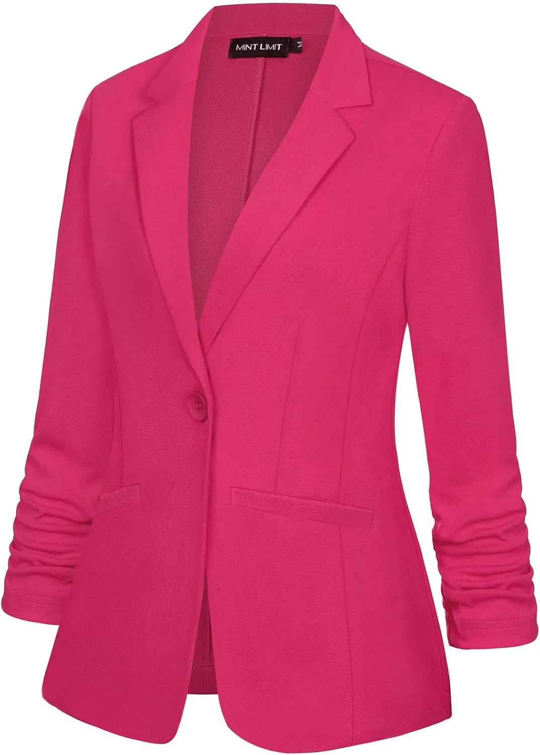 MINTLIMIT Women's Casual Blazer 3/4 Ruched Sleeve Open Front Button Work Office Blazer Jackets with Pockets