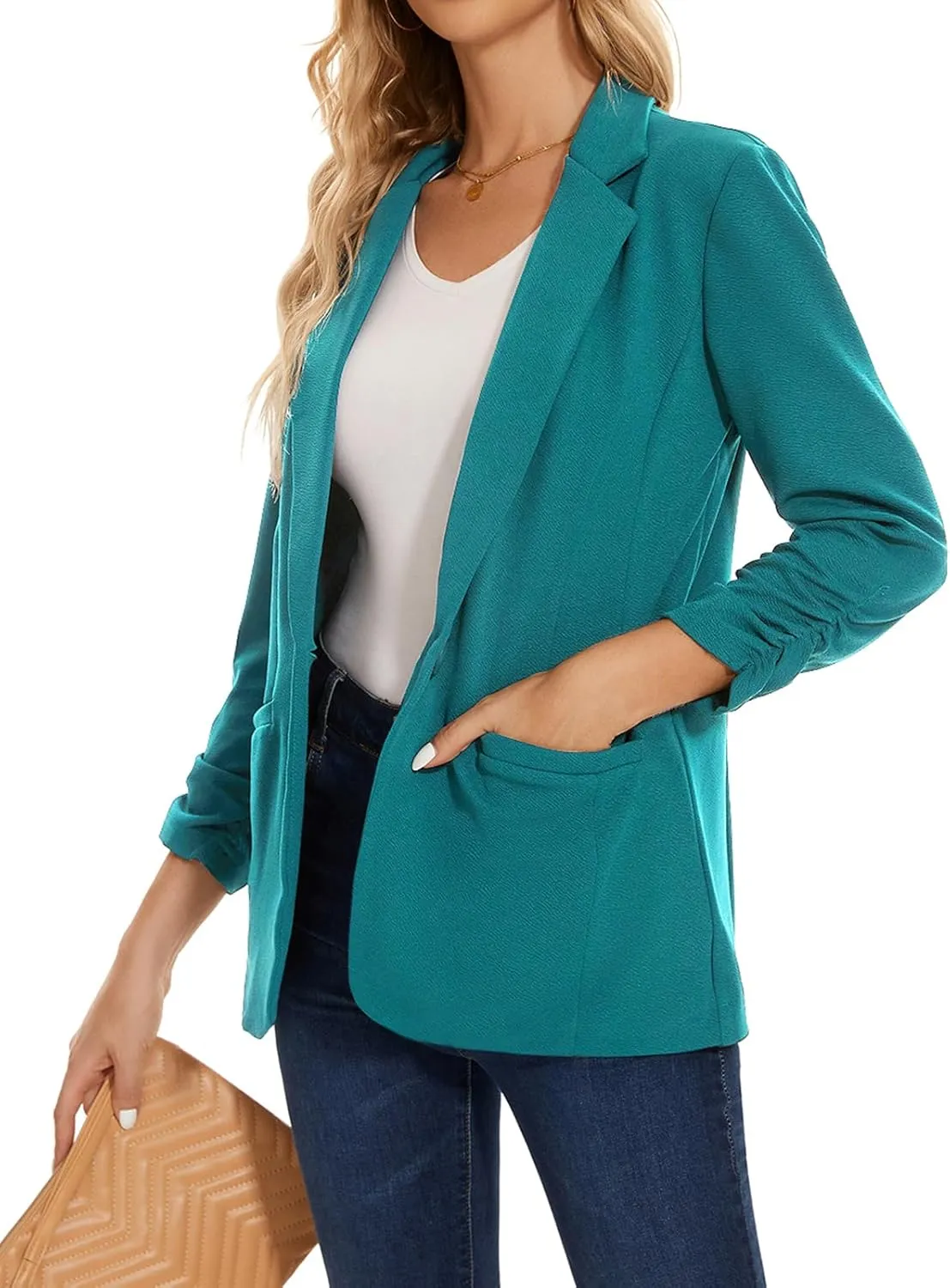 MINTLIMIT Women's Casual Blazer 3/4 Ruched Sleeve Open Front Button Work Office Blazer Jackets with Pockets