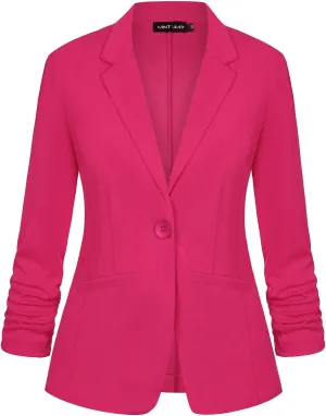 MINTLIMIT Women's Casual Blazer 3/4 Ruched Sleeve Open Front Button Work Office Blazer Jackets with Pockets