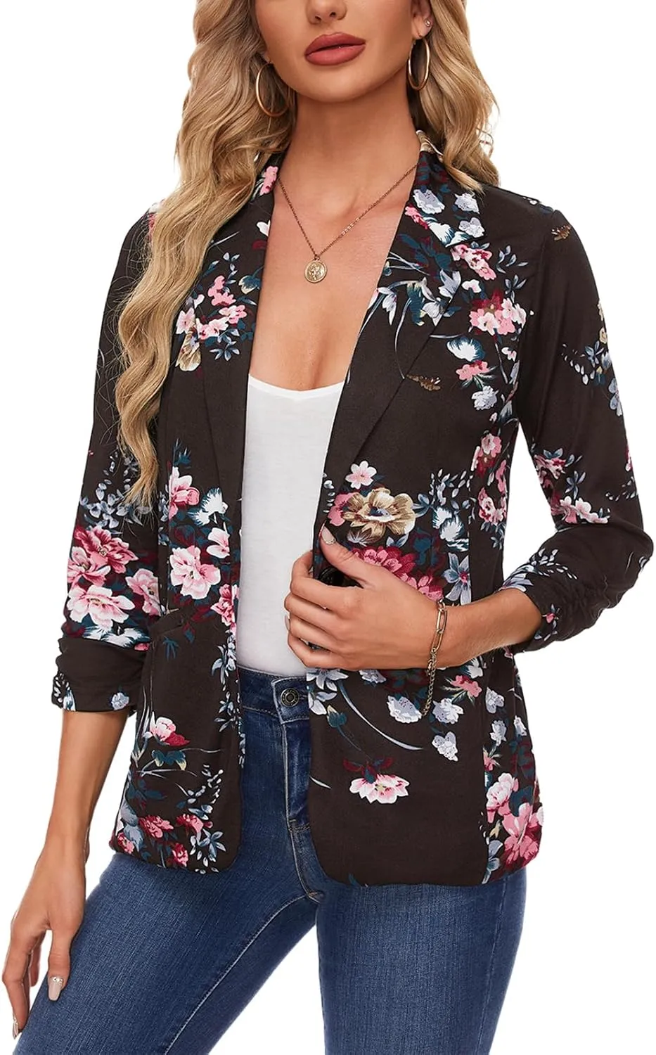 MINTLIMIT Women's Casual Blazer 3/4 Ruched Sleeve Open Front Button Work Office Blazer Jackets with Pockets