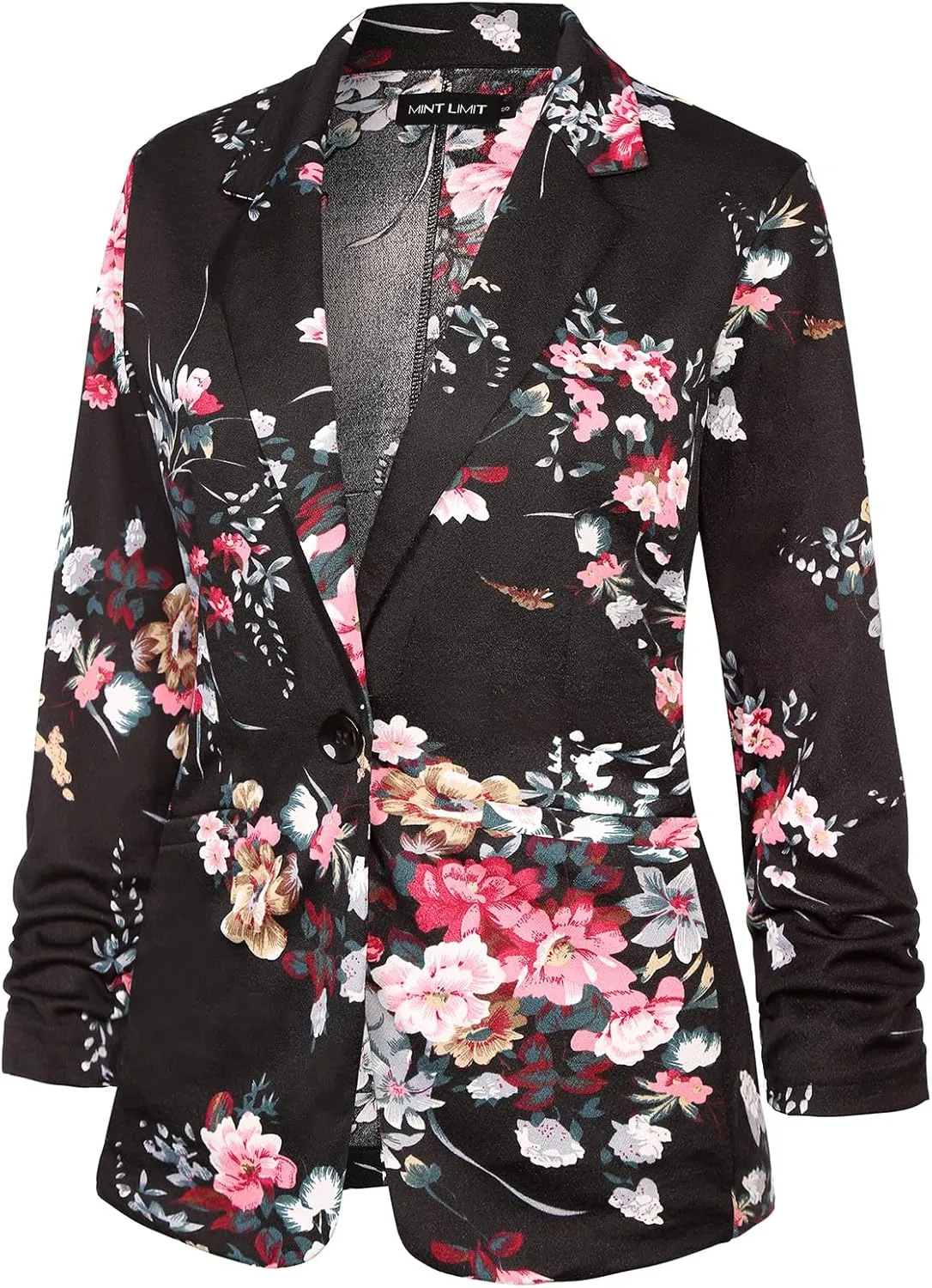 MINTLIMIT Women's Casual Blazer 3/4 Ruched Sleeve Open Front Button Work Office Blazer Jackets with Pockets