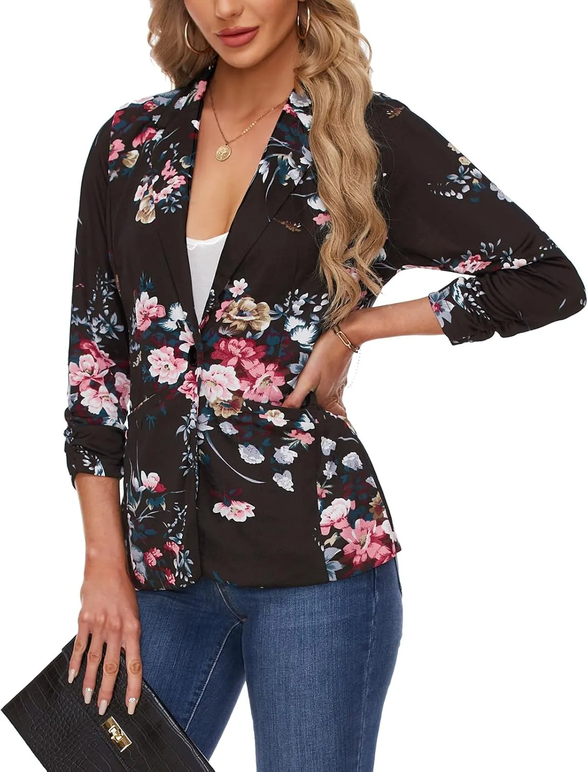 MINTLIMIT Women's Casual Blazer 3/4 Ruched Sleeve Open Front Button Work Office Blazer Jackets with Pockets