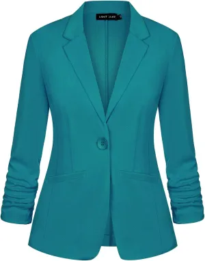 MINTLIMIT Women's Casual Blazer 3/4 Ruched Sleeve Open Front Button Work Office Blazer Jackets with Pockets