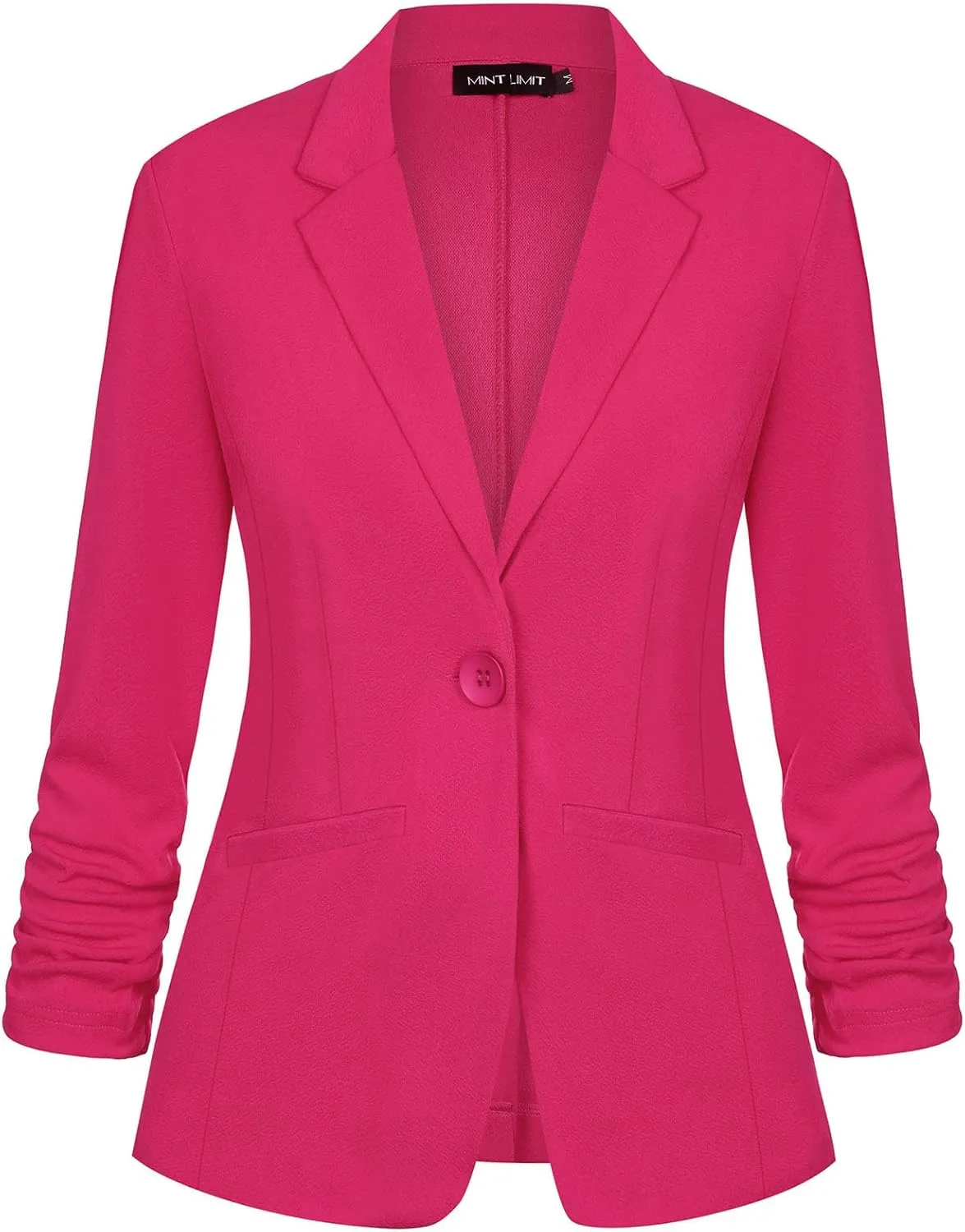 MINTLIMIT Women's Casual Blazer 3/4 Ruched Sleeve Open Front Button Work Office Blazer Jackets with Pockets