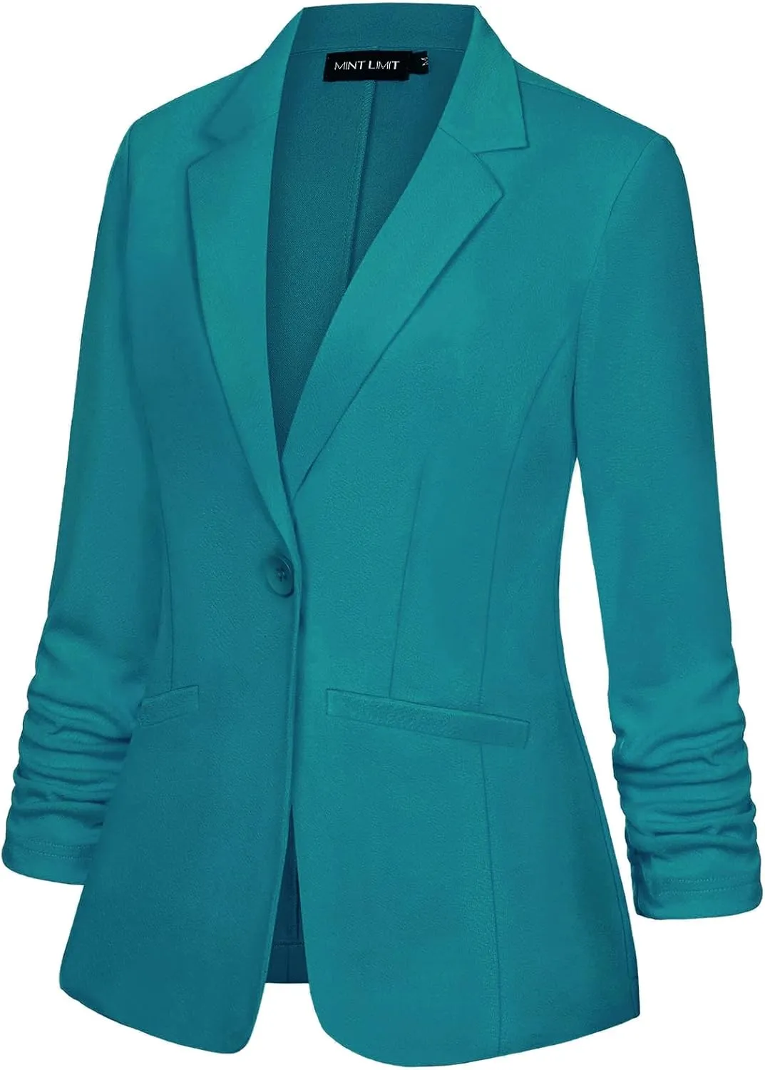 MINTLIMIT Women's Casual Blazer 3/4 Ruched Sleeve Open Front Button Work Office Blazer Jackets with Pockets
