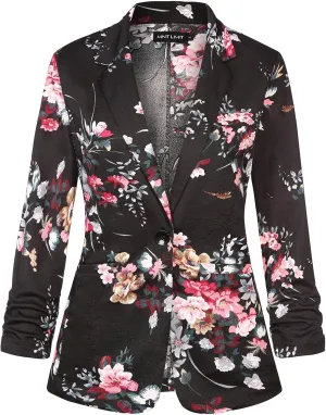MINTLIMIT Women's Casual Blazer 3/4 Ruched Sleeve Open Front Button Work Office Blazer Jackets with Pockets