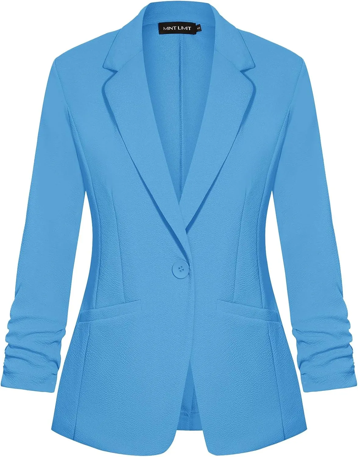 MINTLIMIT Women's Casual Blazer 3/4 Ruched Sleeve Open Front Button Work Office Blazer Jackets with Pockets