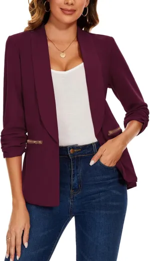MINTLIMIT Womens Casual Blazer 3/4 Ruched Sleeve Open Front Cardigan Work Office Blazers Suit Jackets with Zipper Pockets