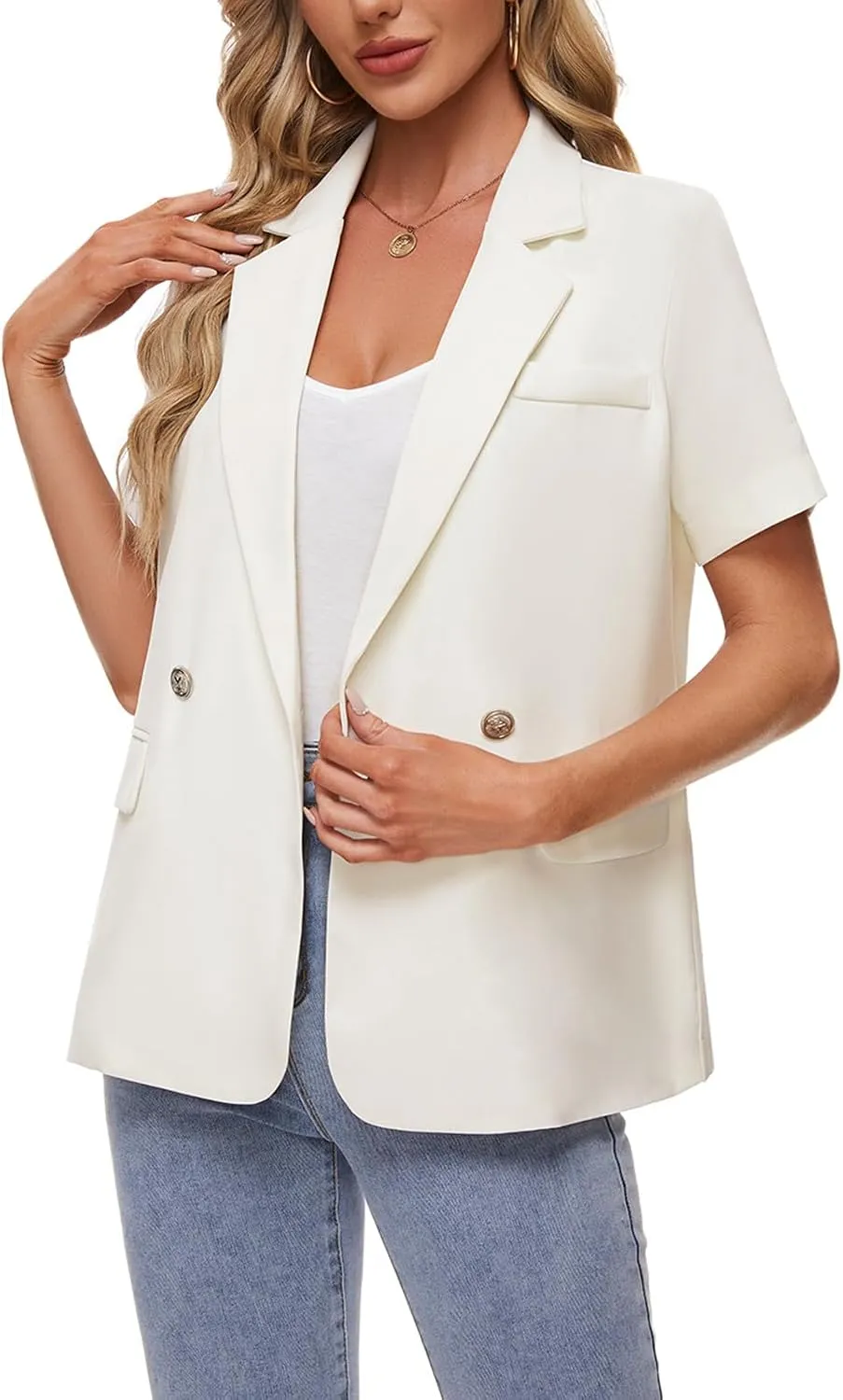 MINTLIMIT Womens Casual Blazer Short Sleeve Lapel Buttons Work Office Blazer Open Front Suit Jackets with Pockets
