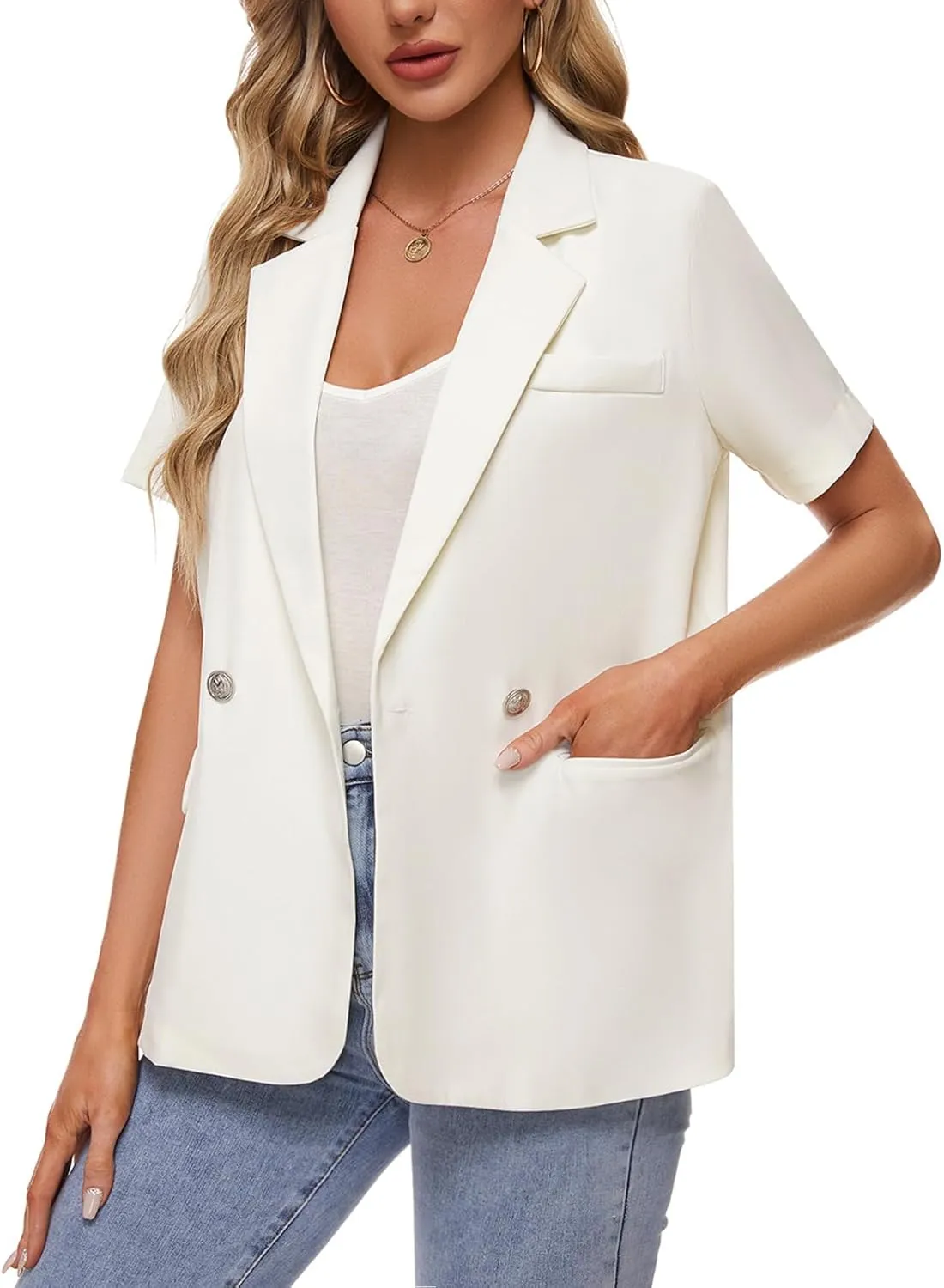 MINTLIMIT Womens Casual Blazer Short Sleeve Lapel Buttons Work Office Blazer Open Front Suit Jackets with Pockets