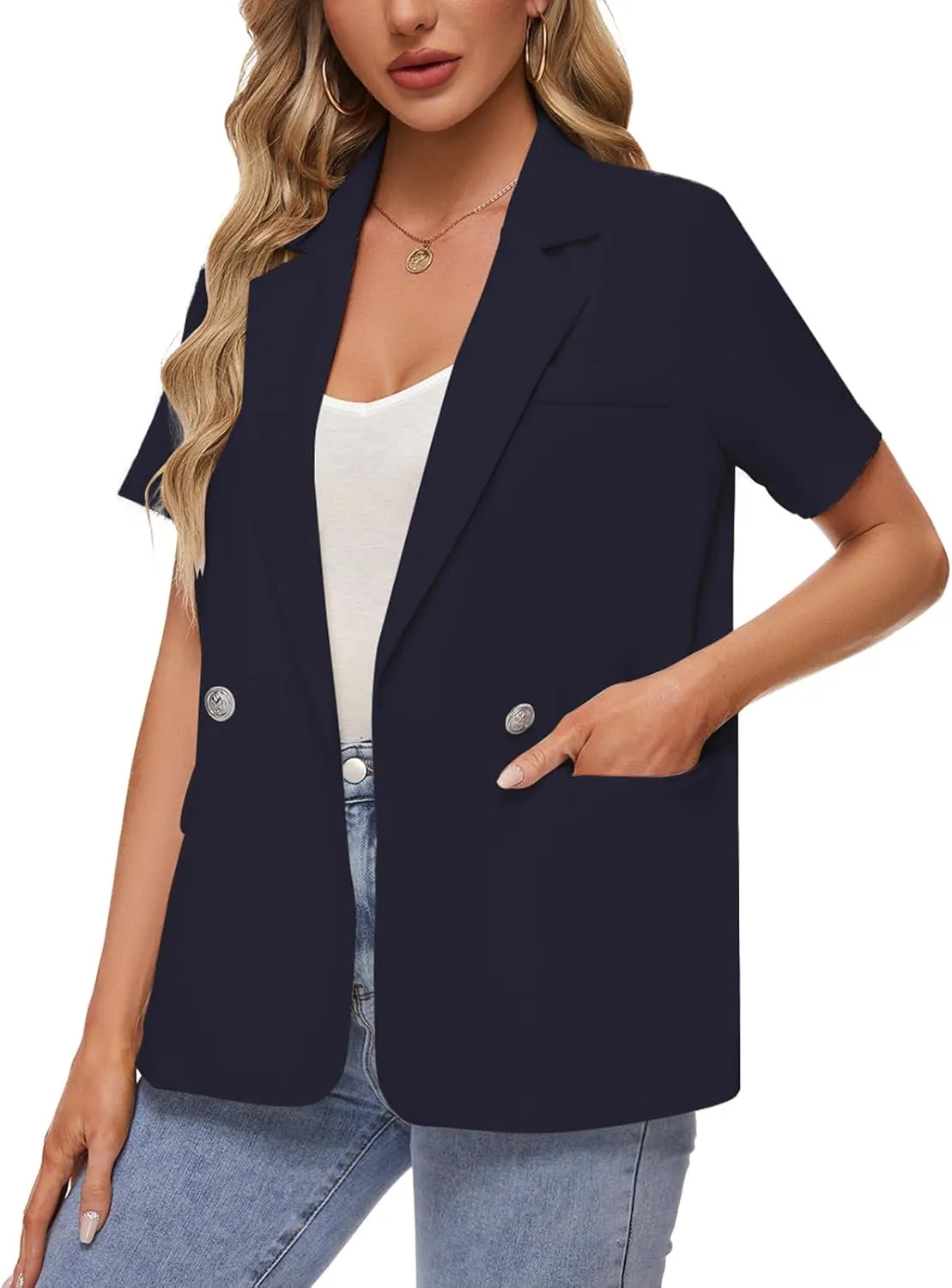 MINTLIMIT Womens Casual Blazer Short Sleeve Lapel Buttons Work Office Blazer Open Front Suit Jackets with Pockets
