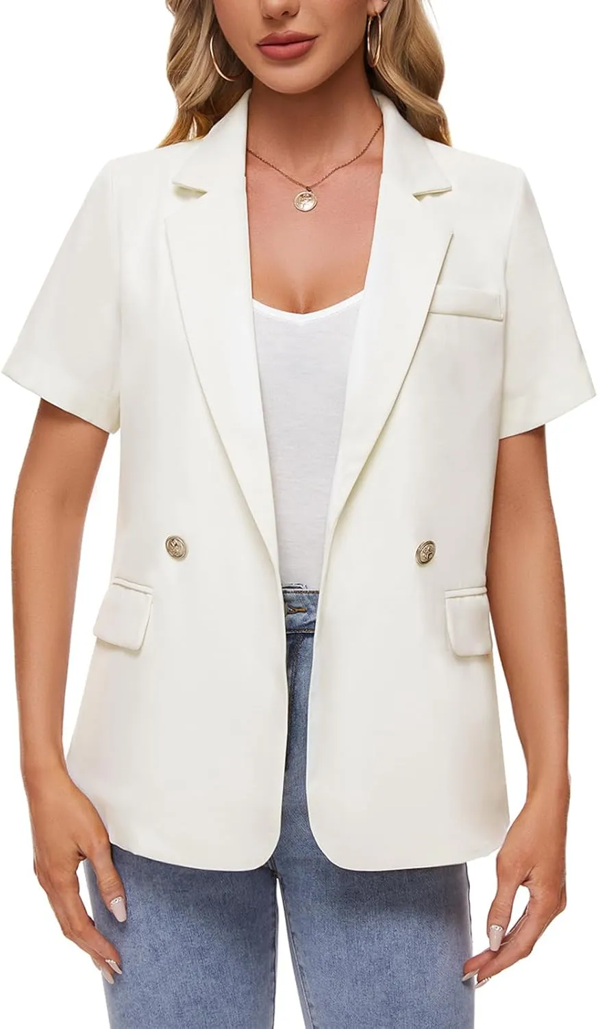 MINTLIMIT Womens Casual Blazer Short Sleeve Lapel Buttons Work Office Blazer Open Front Suit Jackets with Pockets