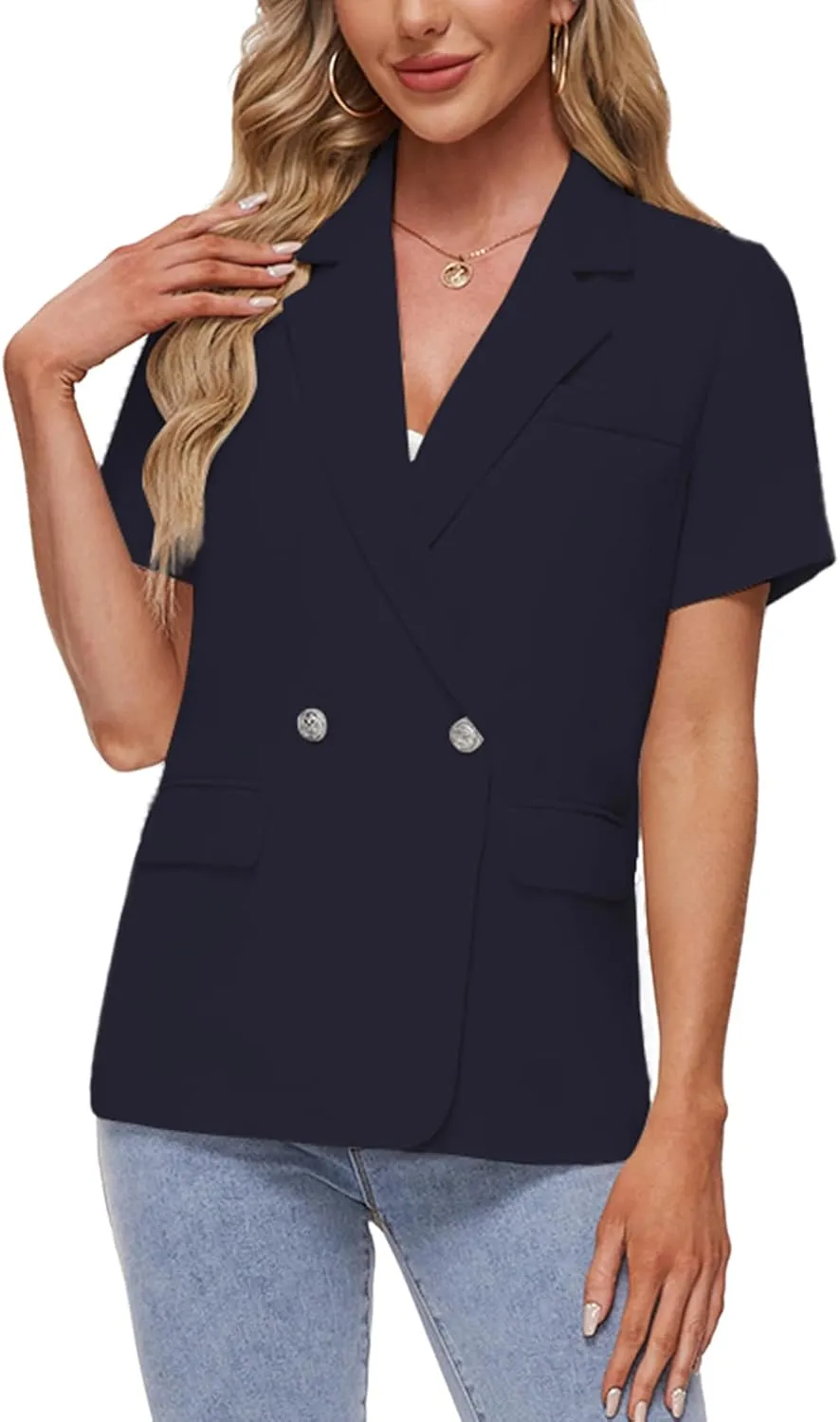 MINTLIMIT Womens Casual Blazer Short Sleeve Lapel Buttons Work Office Blazer Open Front Suit Jackets with Pockets