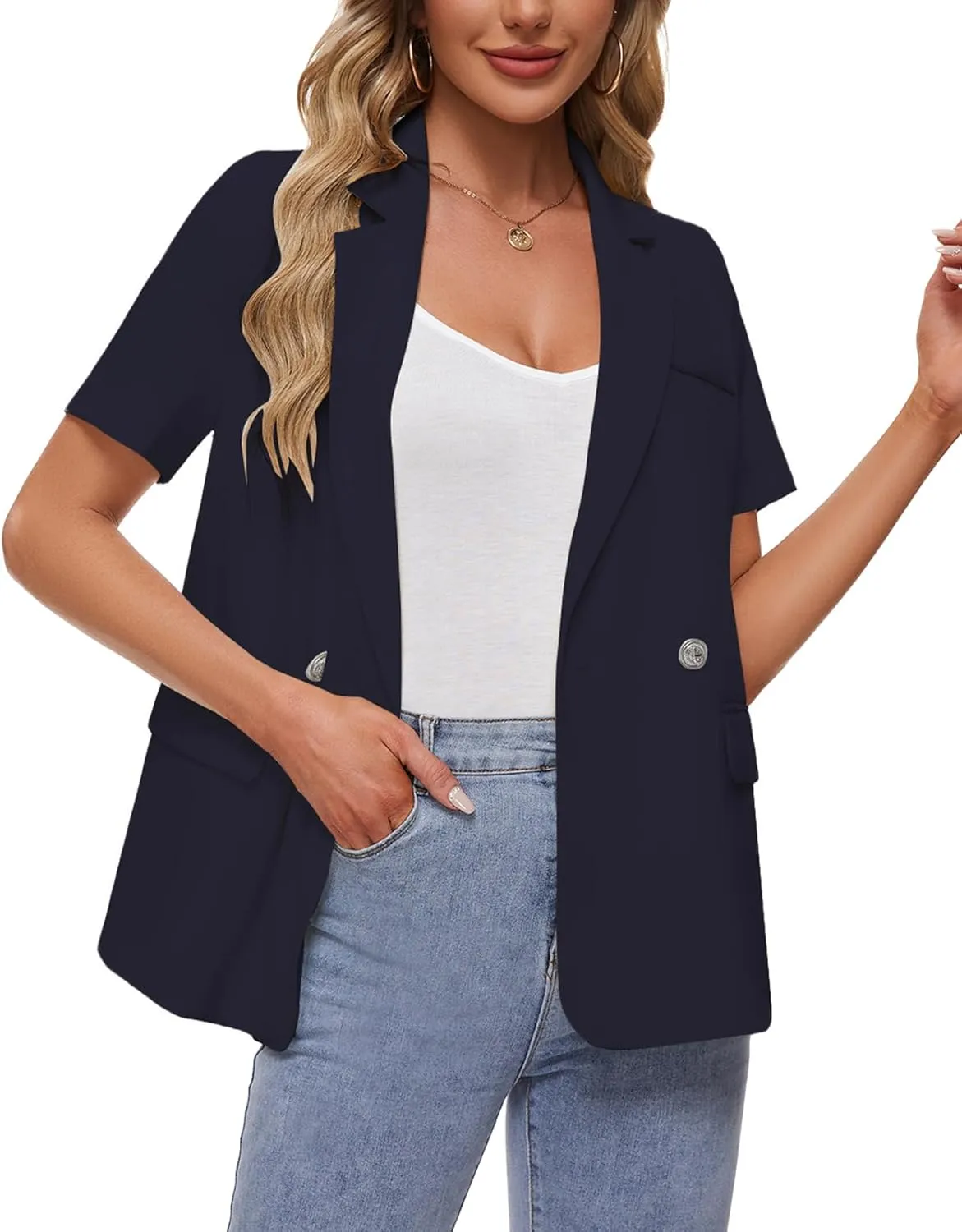 MINTLIMIT Womens Casual Blazer Short Sleeve Lapel Buttons Work Office Blazer Open Front Suit Jackets with Pockets