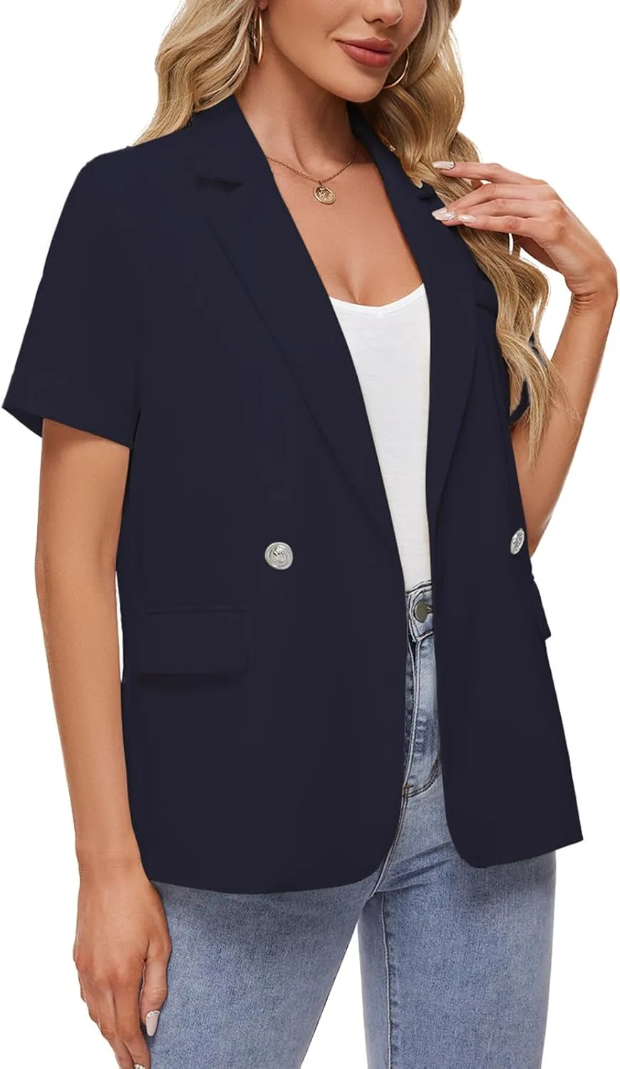 MINTLIMIT Womens Casual Blazer Short Sleeve Lapel Buttons Work Office Blazer Open Front Suit Jackets with Pockets