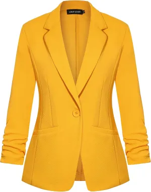 MINTLIMIT Women's Casual Open Front Cardigan Jacket Lapel Button V Neck 3/4 Ruched Sleeve Blazers Jacket with Pockets,Yellow,L