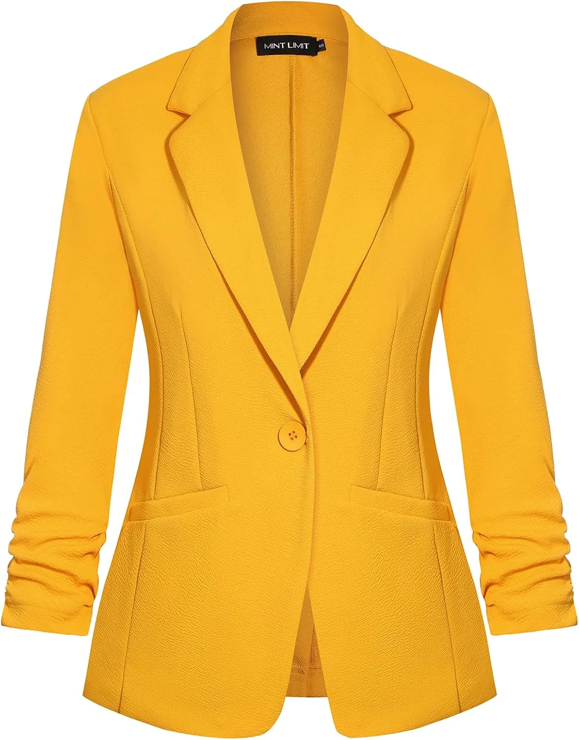 MINTLIMIT Women's Casual Open Front Cardigan Jacket Lapel Button V Neck 3/4 Ruched Sleeve Blazers Jacket with Pockets,Yellow,L